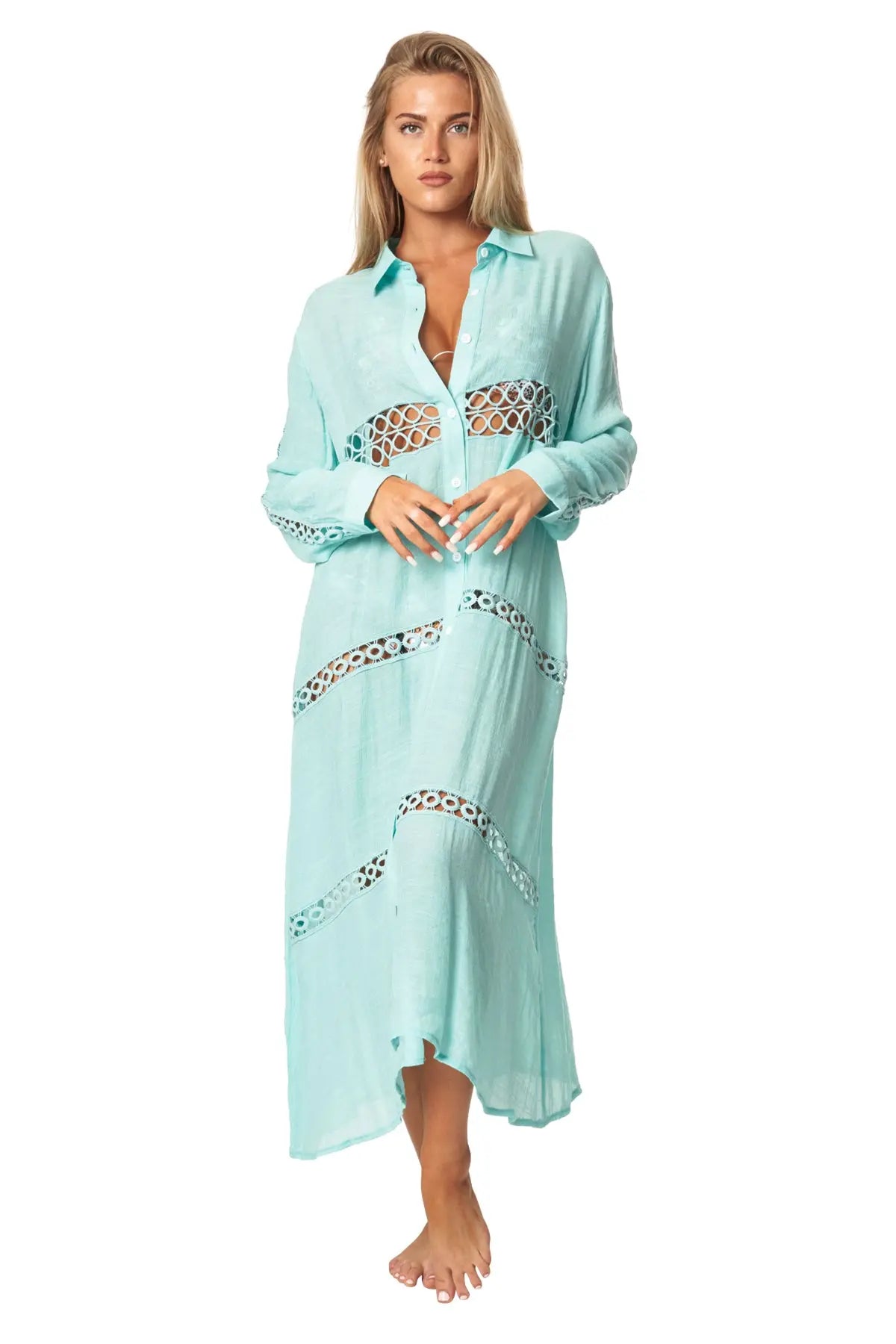 Women Loose Long Sleeve Shirt Dress Swimsuit Cover Ups - La Moda Clothing