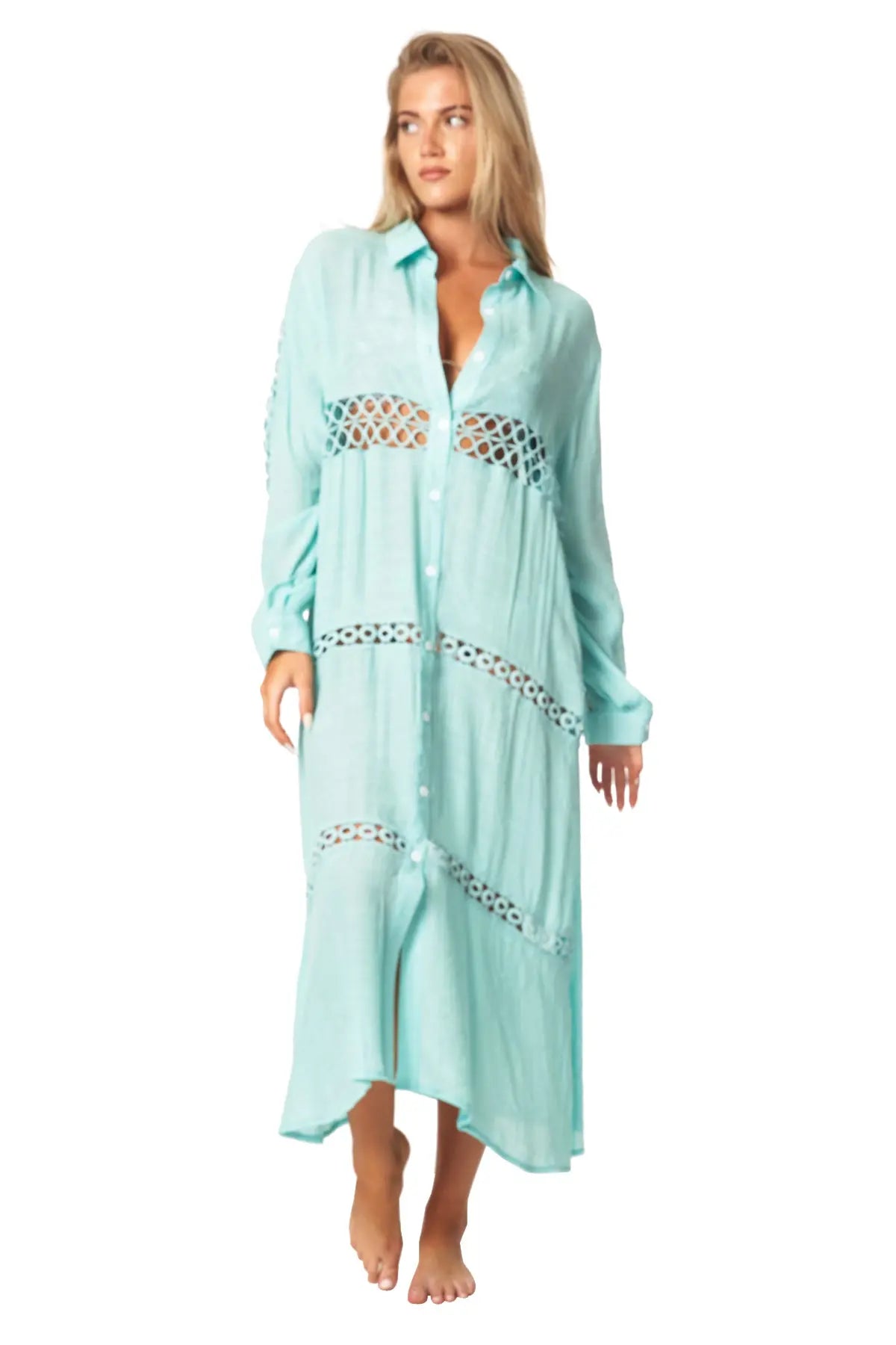 Women Loose Long Sleeve Shirt Dress Swimsuit Cover Ups - La Moda Clothing