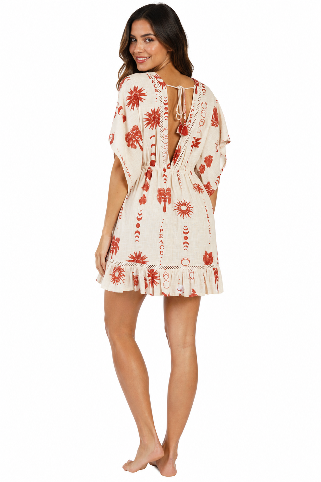 Terracotta Folk-Print Kimono-Sleeve Mini Resort Dress - Designer Mini Dress | Elegant Kaftan Cover Up Dress | Club Moda USA