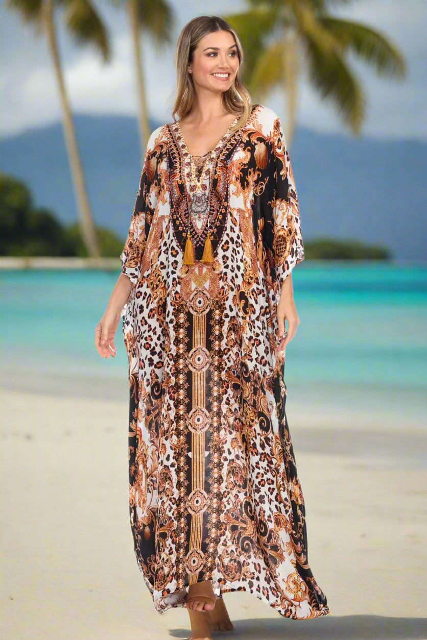 Royal Jungle Flowy Rhinestone V Neck Long Caftan Dress/Cover Up - La Moda Clothings