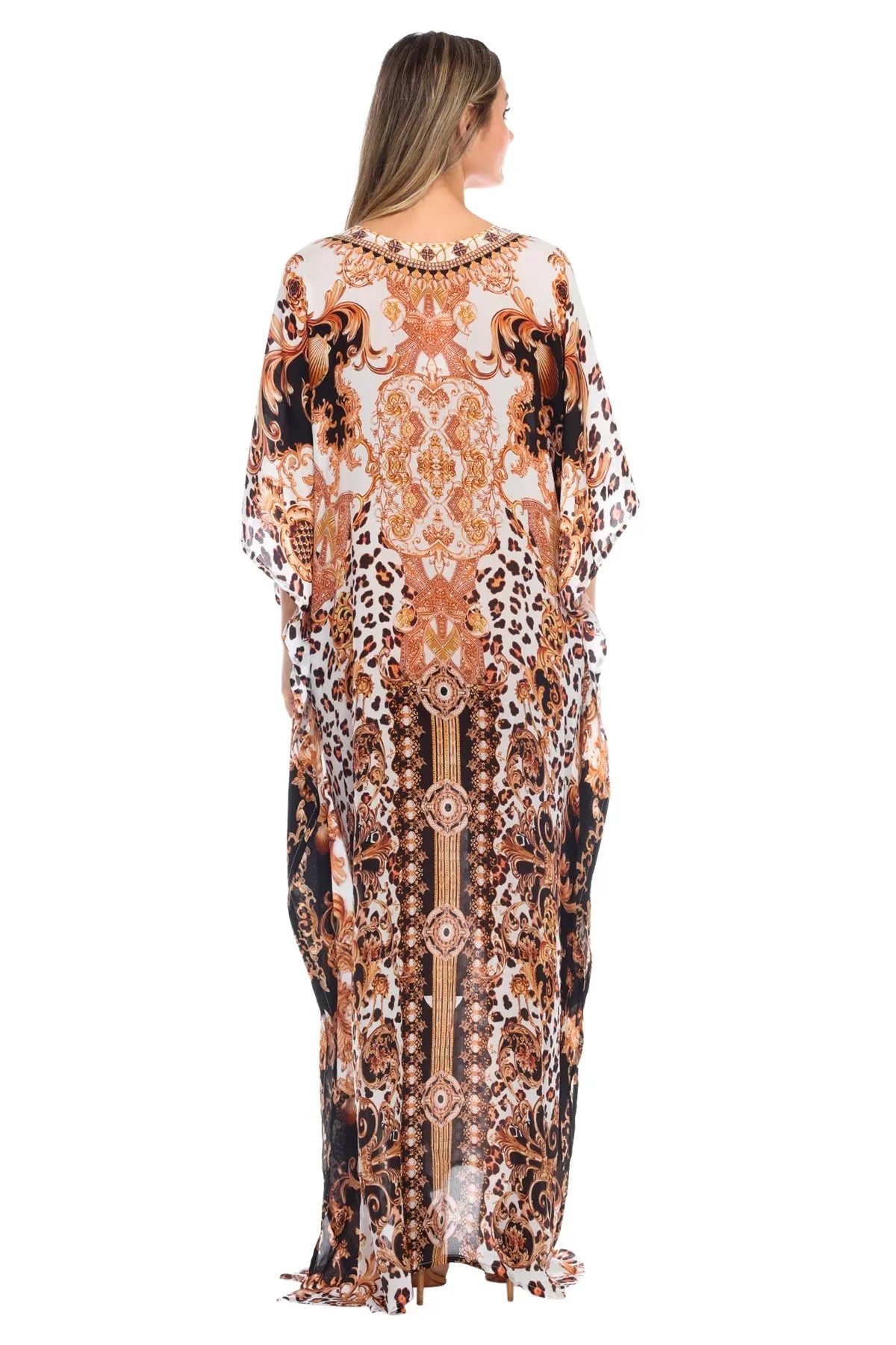 Royal Jungle Flowy Rhinestone V Neck Long Caftan Dress/Cover Up - La Moda Clothings