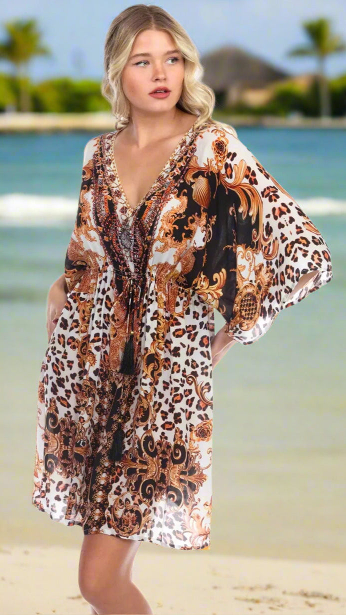 Royal Jungle Print Short Robe Dress Cover up in Silk - La Moda Clothings