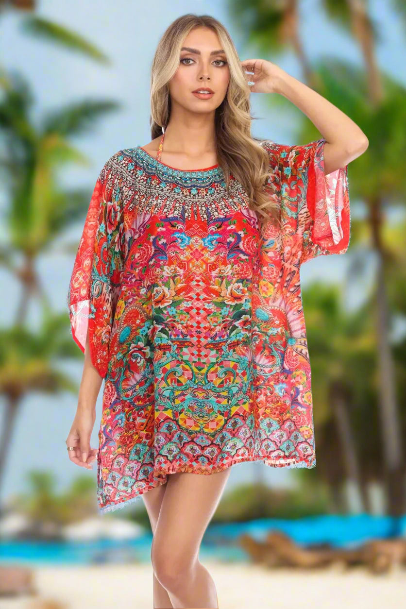 Soul of Summer Mixi Short Kaftan Dress in Viscose Silk - La Moda Clothings