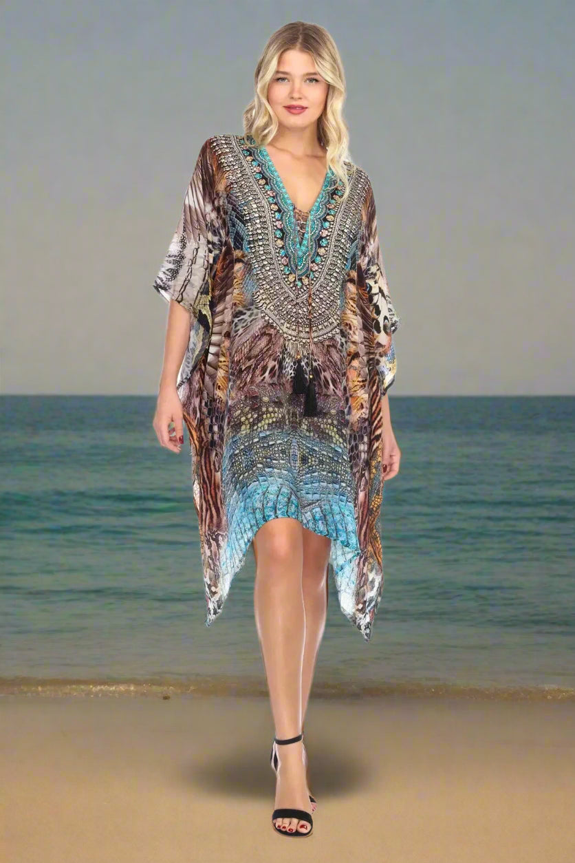 Women's Viscose Silk Caftan Poncho Cover up V Neck Top Lace up - La Moda Clothings