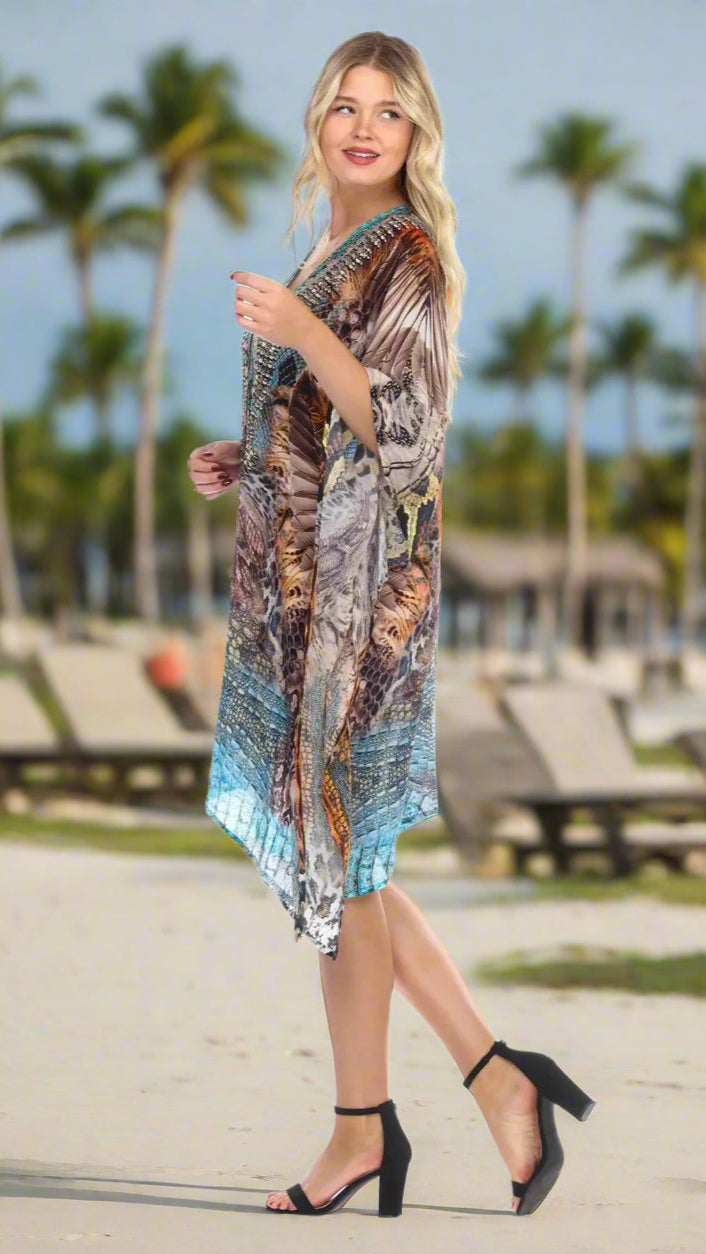 Women's Viscose Silk Caftan Poncho Cover up V Neck Top Lace up - La Moda Clothings