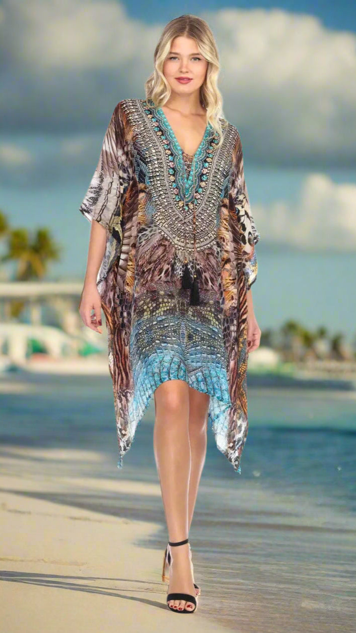 Women's Viscose Silk Caftan Poncho Cover up V Neck Top Lace up - La Moda Clothings