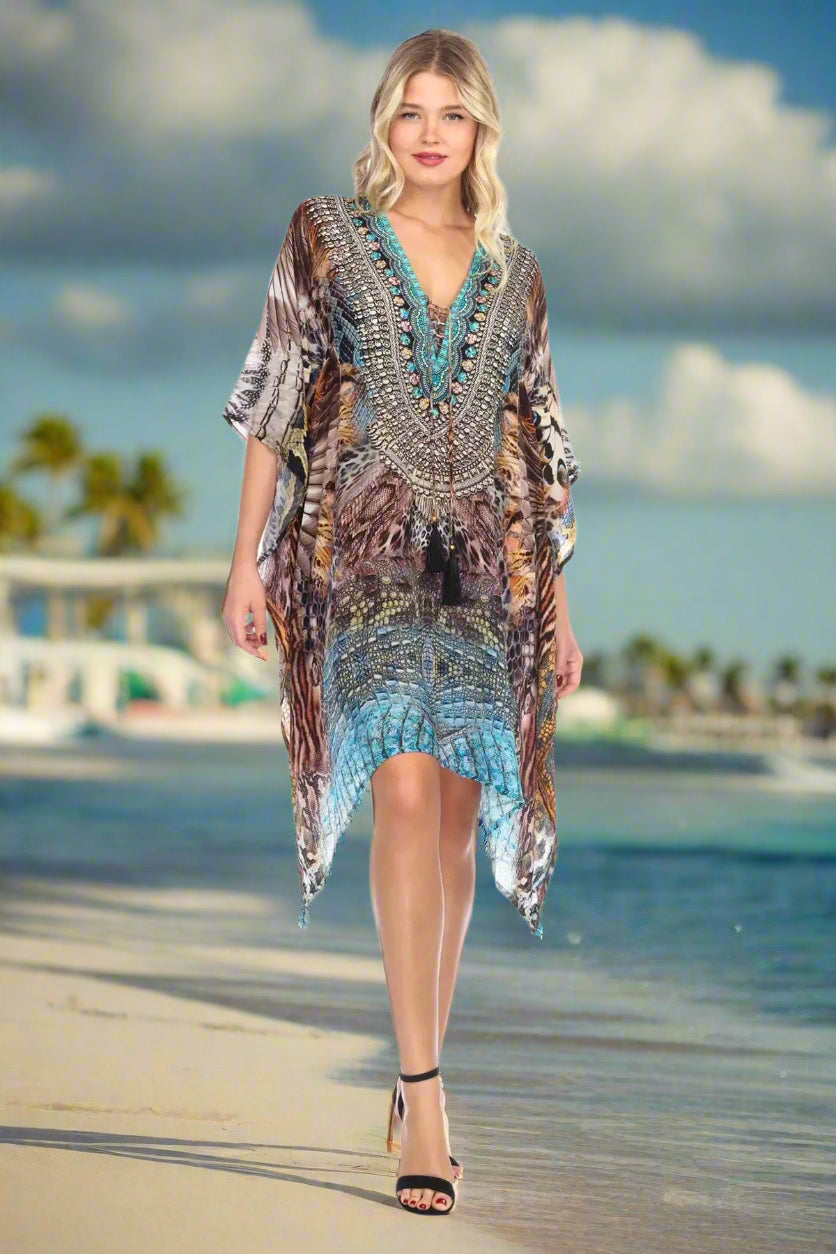 Women's Viscose Silk Caftan Poncho Cover up V Neck Top Lace up - La Moda Clothings