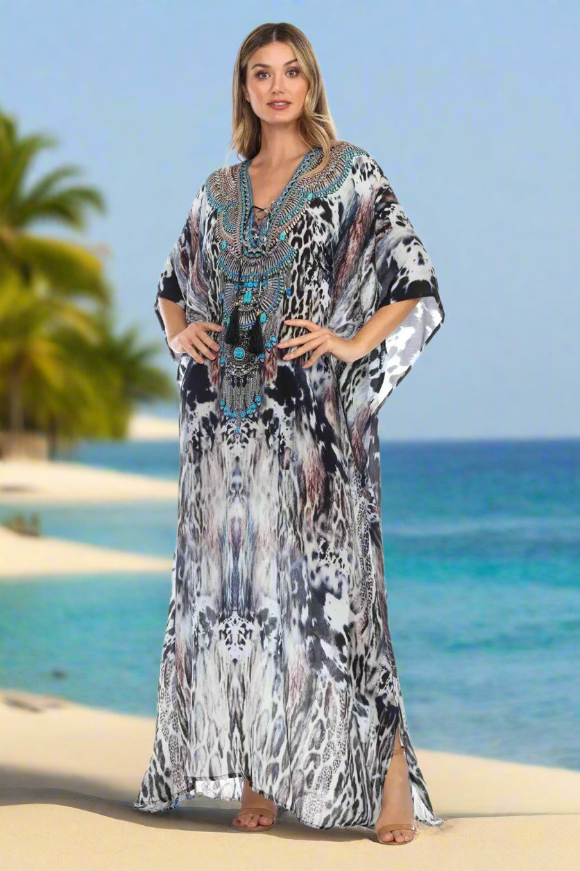 Clouded Leopard Long Caftan Maxi Dress - La Moda Clothings