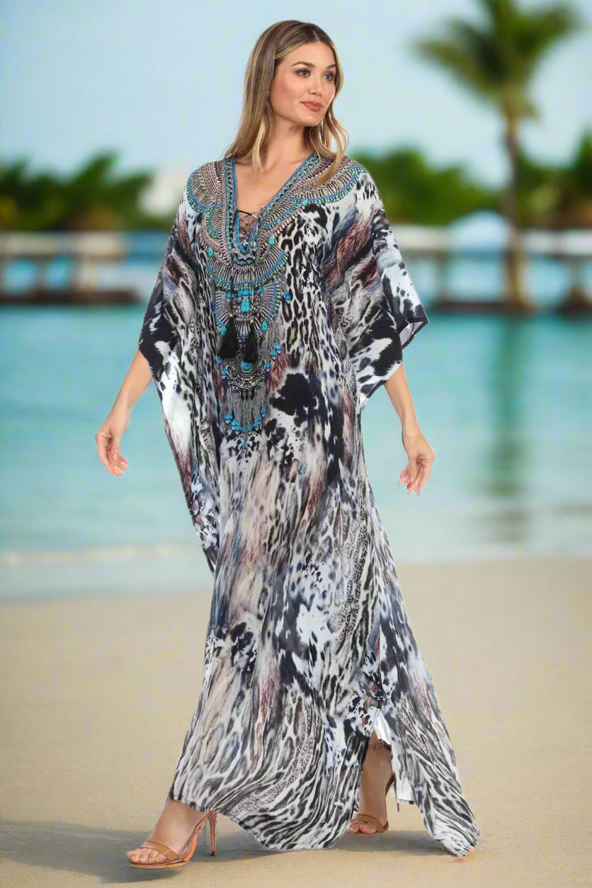 Clouded Leopard Long Caftan Maxi Dress - La Moda Clothings