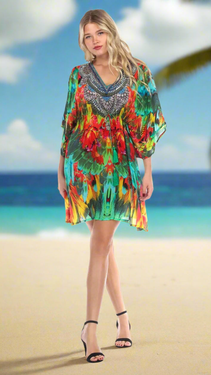 Macaw Short Robe Dress Cover up in Silk - La Moda Clothings