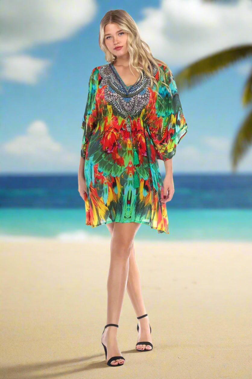 Macaw Short Robe Dress Cover up in Silk - La Moda Clothings