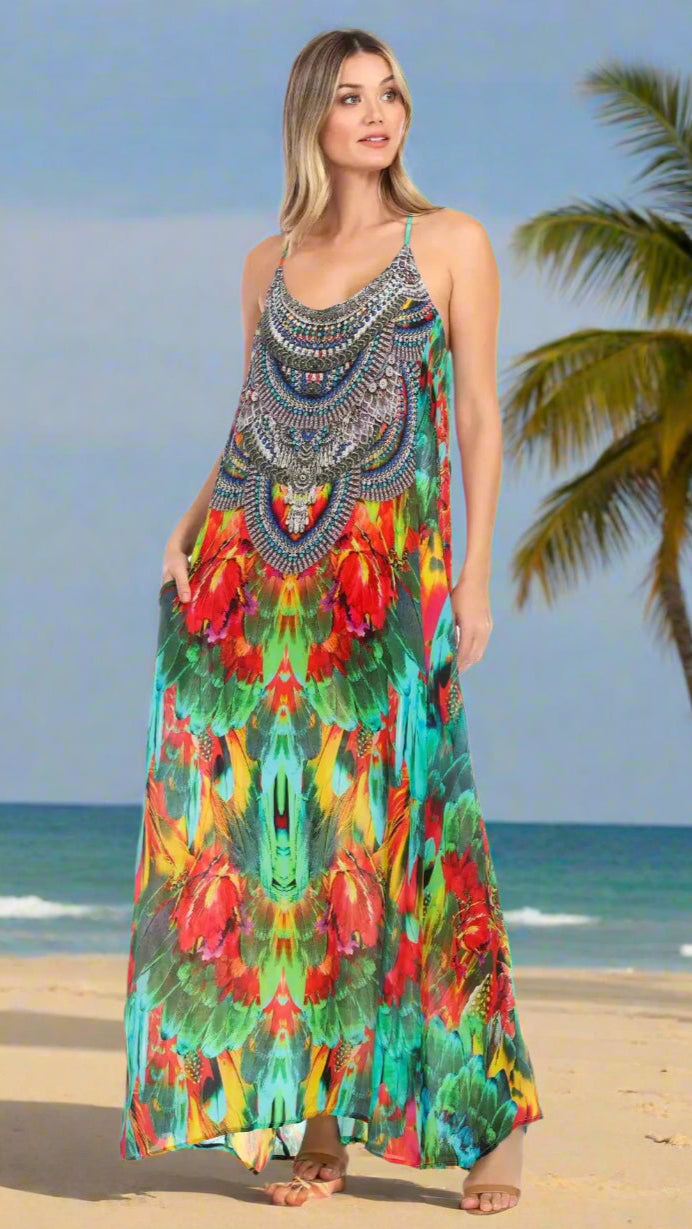 Macaw Women's T Back Front Pocket Bohemian Maxi Dress - La Moda Clothings