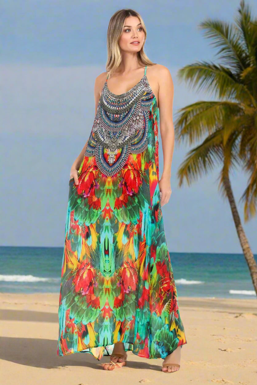 Macaw Women's T Back Front Pocket Bohemian Maxi Dress - La Moda Clothings