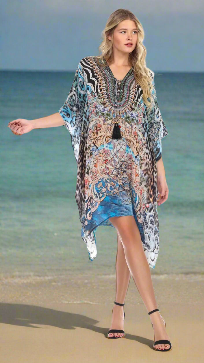 Luxury Silk Caftan Dress/Cover Up with V-Neck Cross Lace - La Moda Clothings
