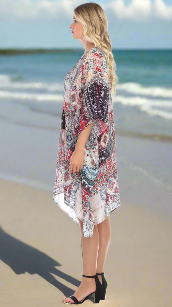 Ligthweight Rhinestone V Neck Printed Short Caftan in Viscose Silk - La Moda Clothings