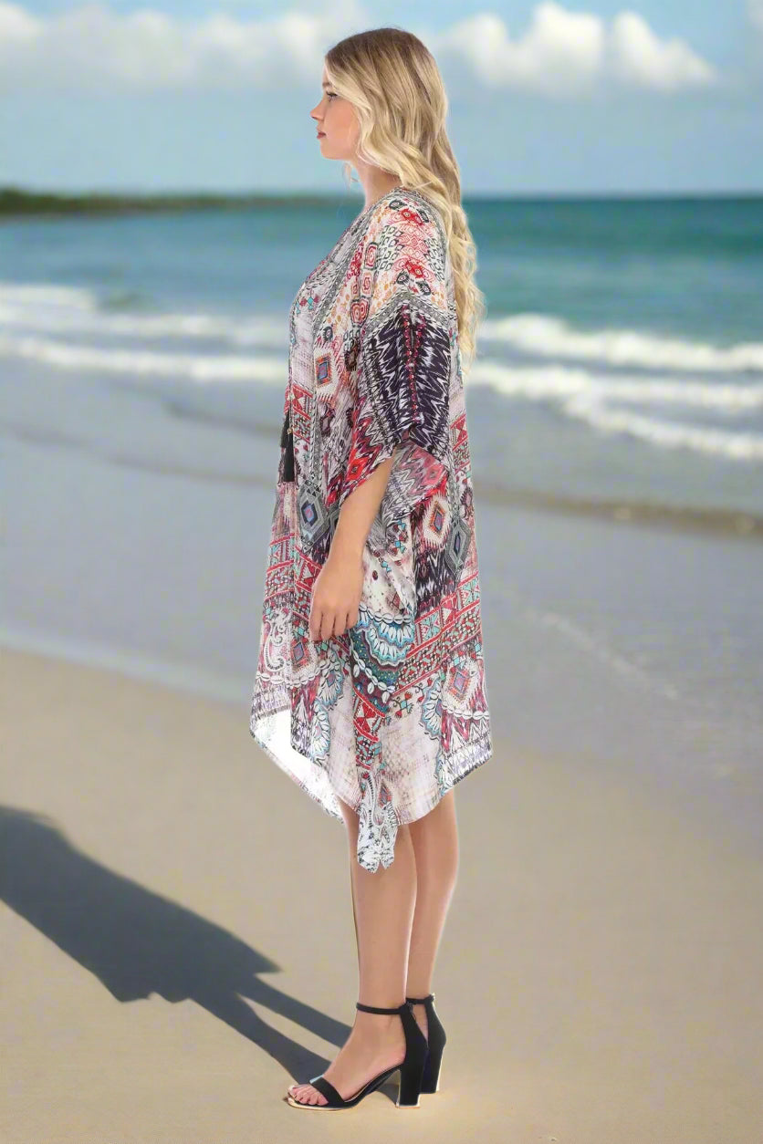Ligthweight Rhinestone V Neck Printed Short Caftan in Viscose Silk - La Moda Clothings