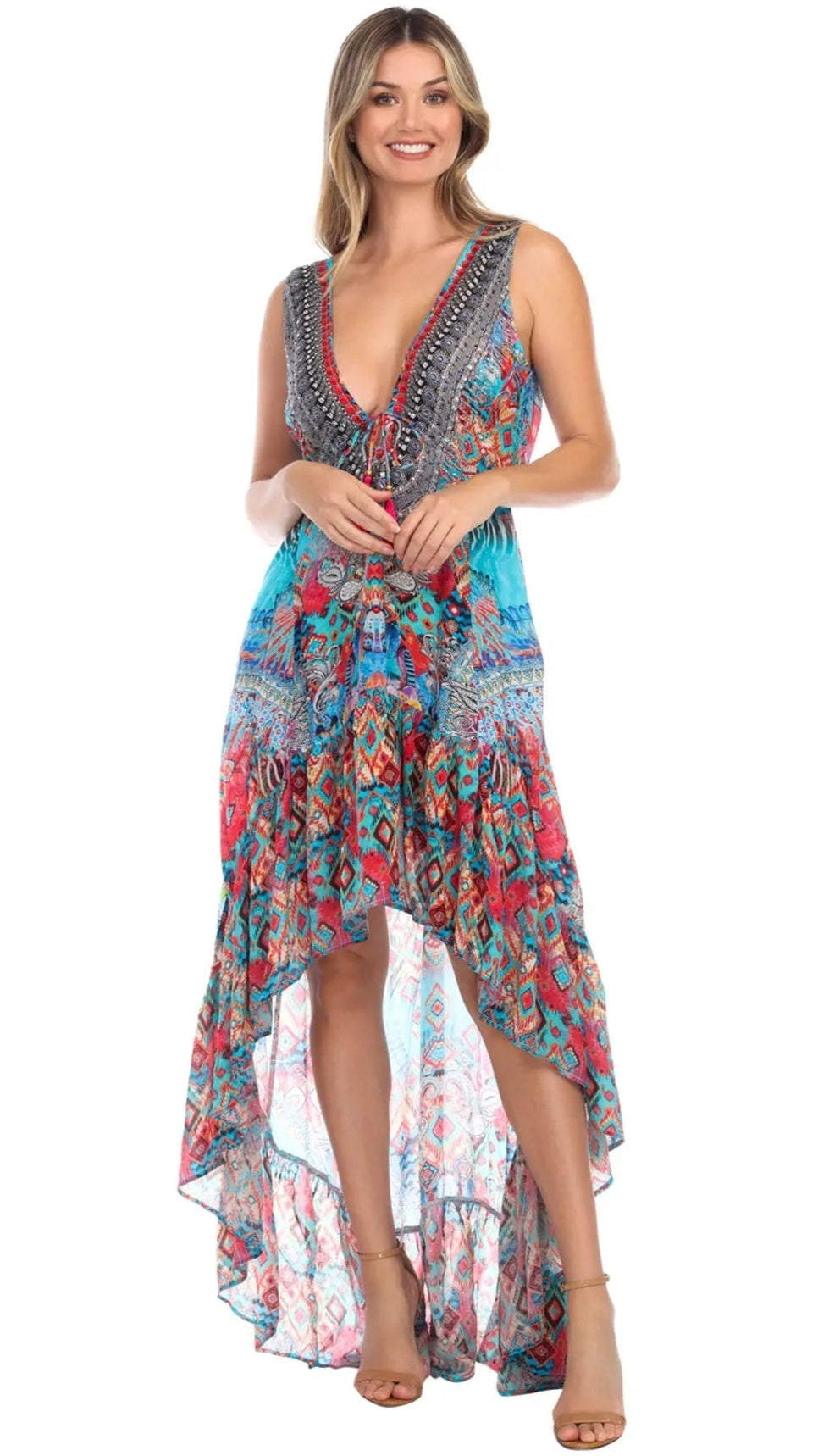 Ikat Blossom Bright & Bold Pattern Trendy Designer Hi-Lo Dress - La Moda Clothings