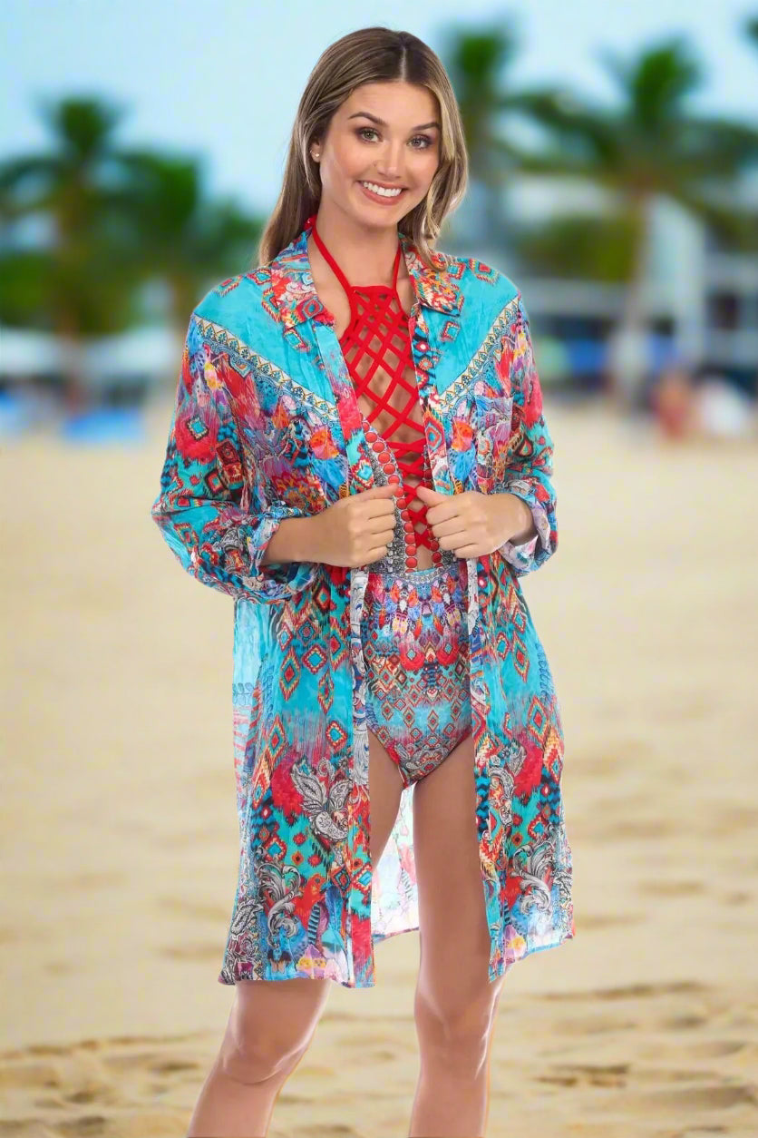 Ikat Blossom Easy Shirtdress Cover-Up - La Moda Clothings