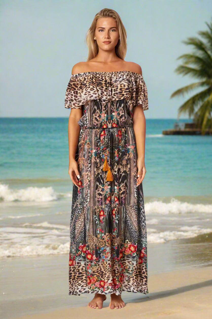 Eclectic Jungle Long Off the Shoulder Dress - La Moda Clothing