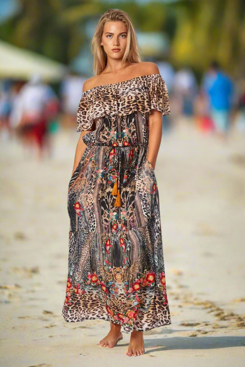 Eclectic Jungle Long Off the Shoulder Dress - La Moda Clothing