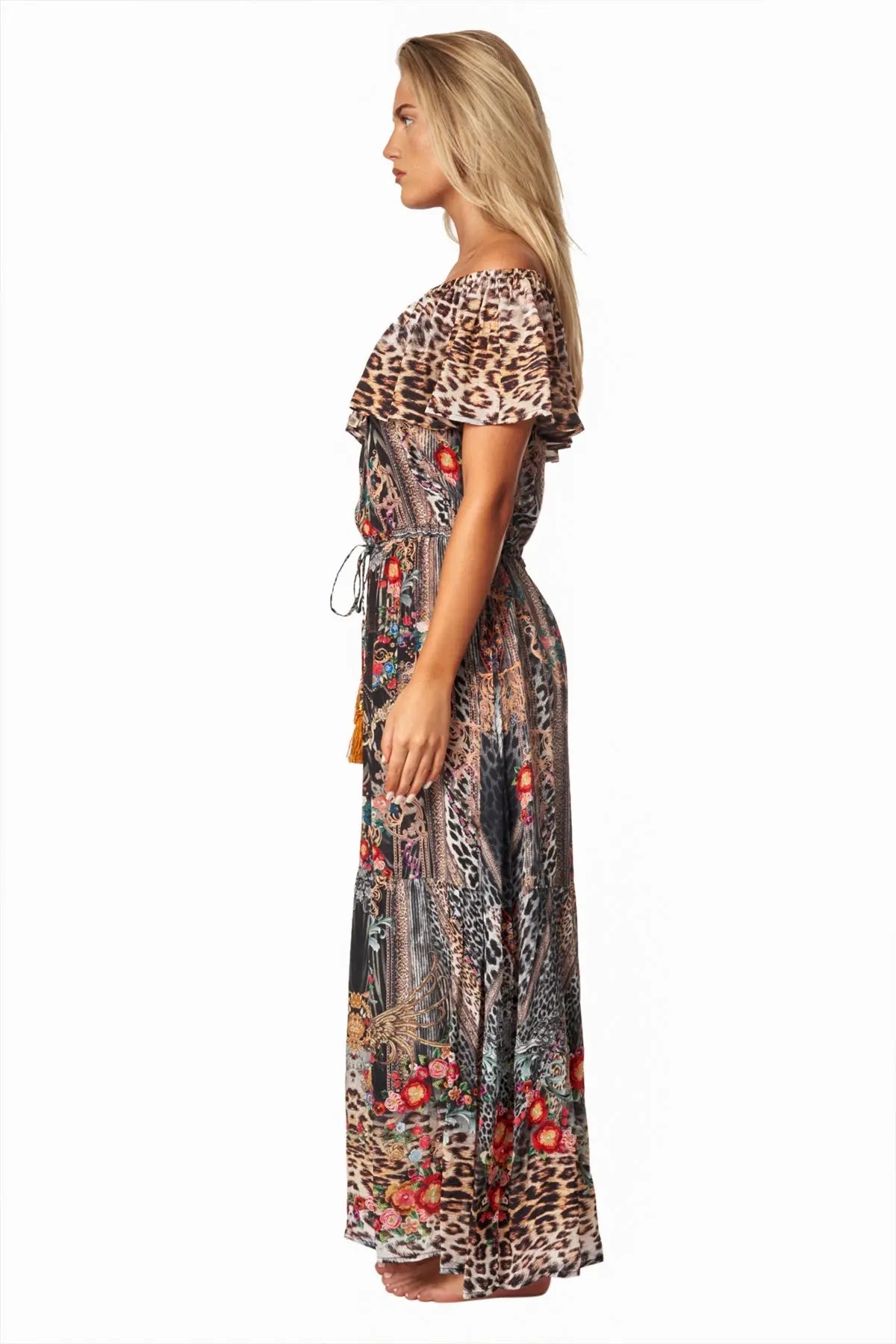 Eclectic Jungle Long Off the Shoulder Dress - La Moda Clothing