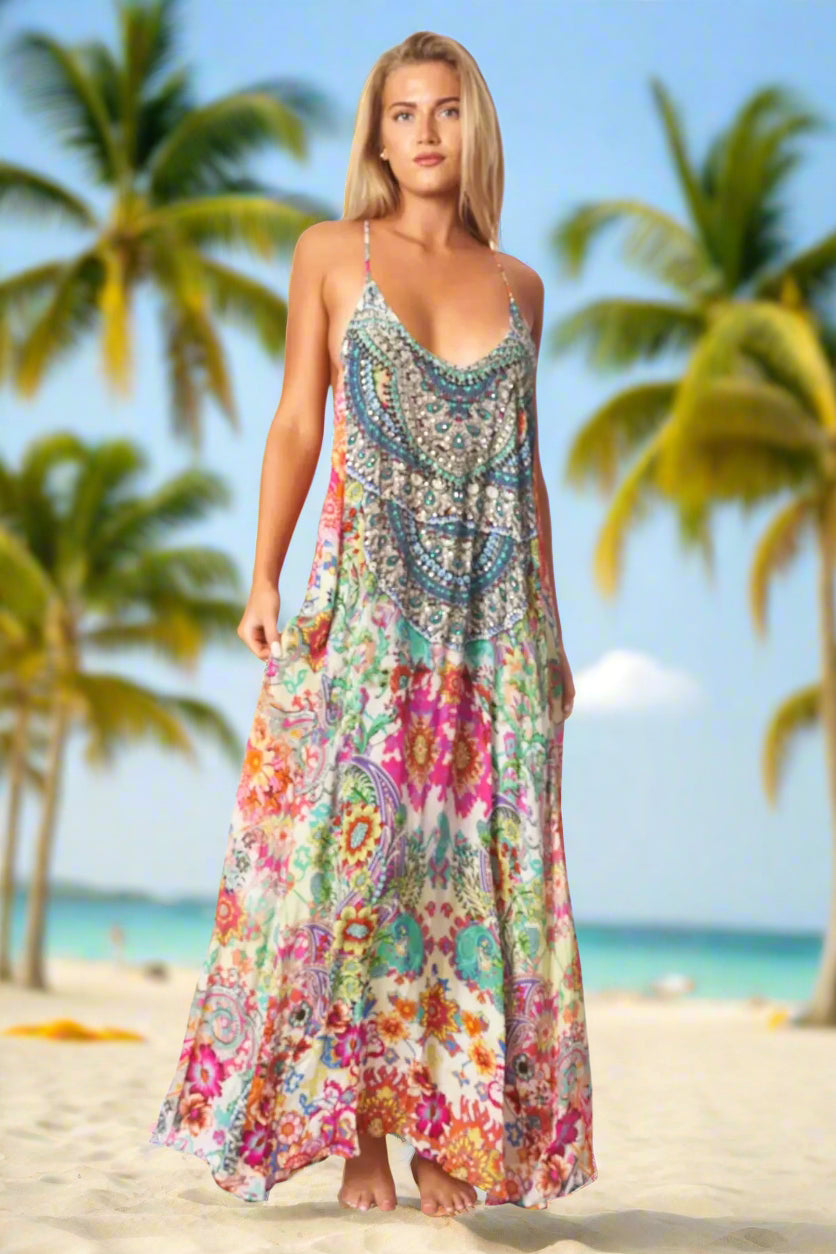Eden Garden Bohemian T-back Maxi Dress with Front Pockets - La Moda Clothing