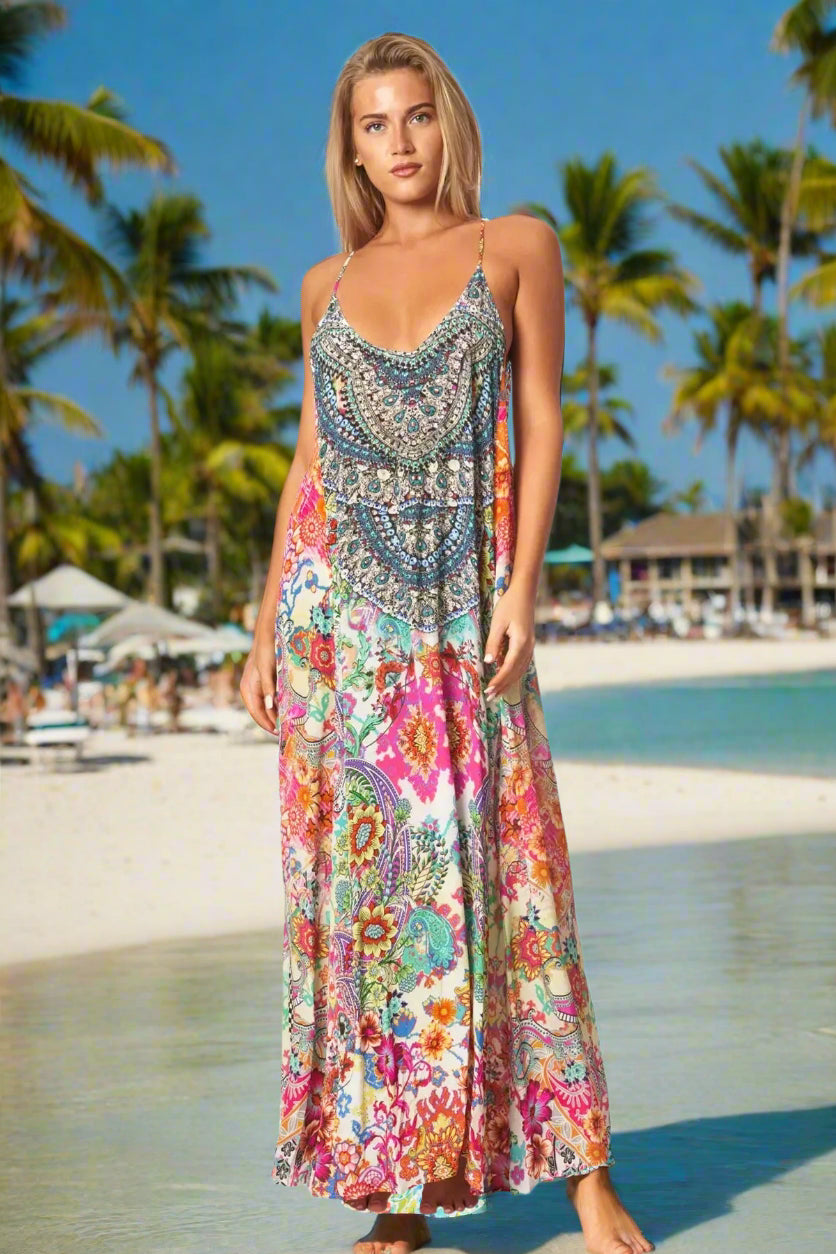 Eden Garden Bohemian T-back Maxi Dress with Front Pockets - La Moda Clothing