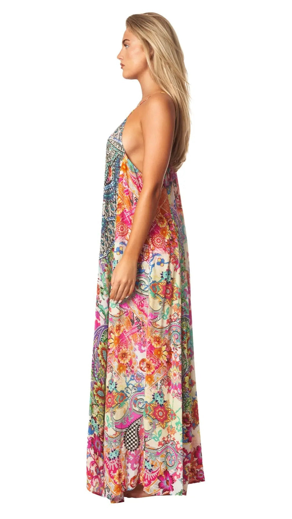 Eden Garden Bohemian T-back Maxi Dress with Front Pockets - La Moda Clothing