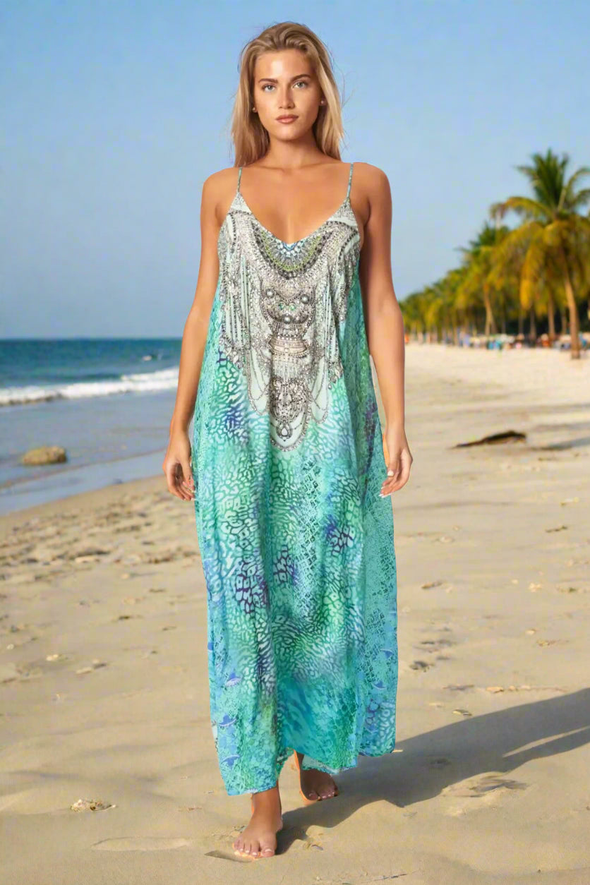 Sea Escape Elegant Maxi Pocket Dress in Viscose Silk - La Moda Clothing