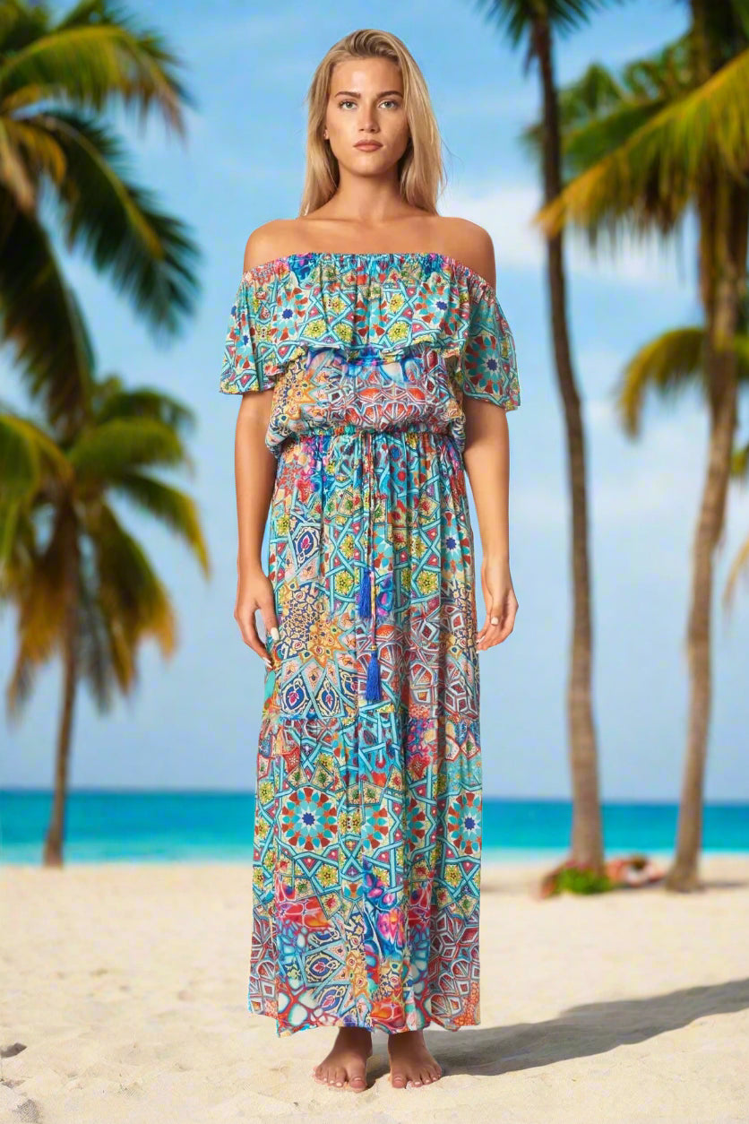 River Bed Long Off the Shoulder Dress - La Moda Clothing