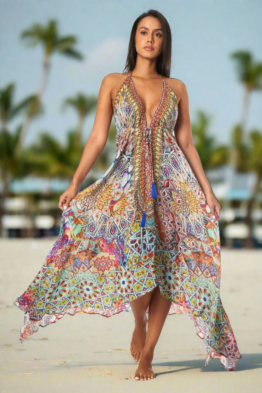 River Bed Designer Halter Neck Backless Resort Dress For Woman - La Moda Clothing