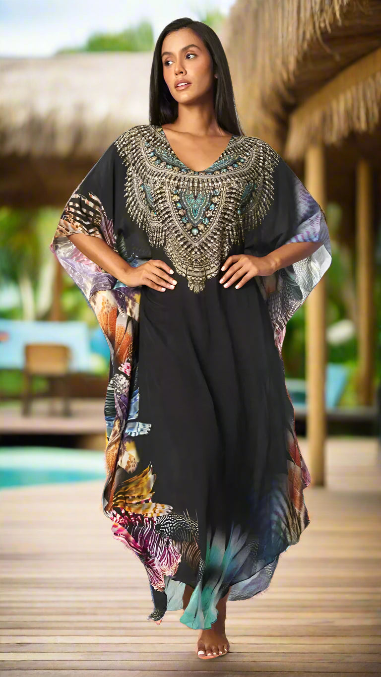 Lightweight Maxi Caftan Dress/Cover Up with Jewels - La Moda Clothing