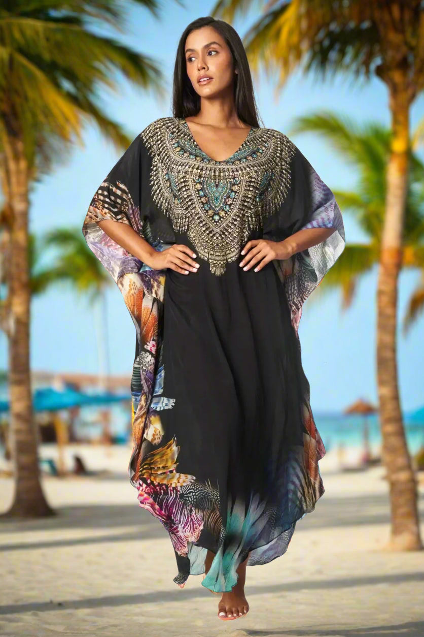 Lightweight Maxi Caftan Dress/Cover Up with Jewels - La Moda Clothing