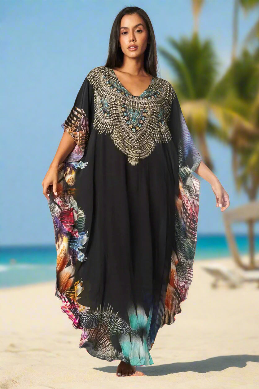 Lightweight Maxi Caftan Dress/Cover Up with Jewels - La Moda Clothing