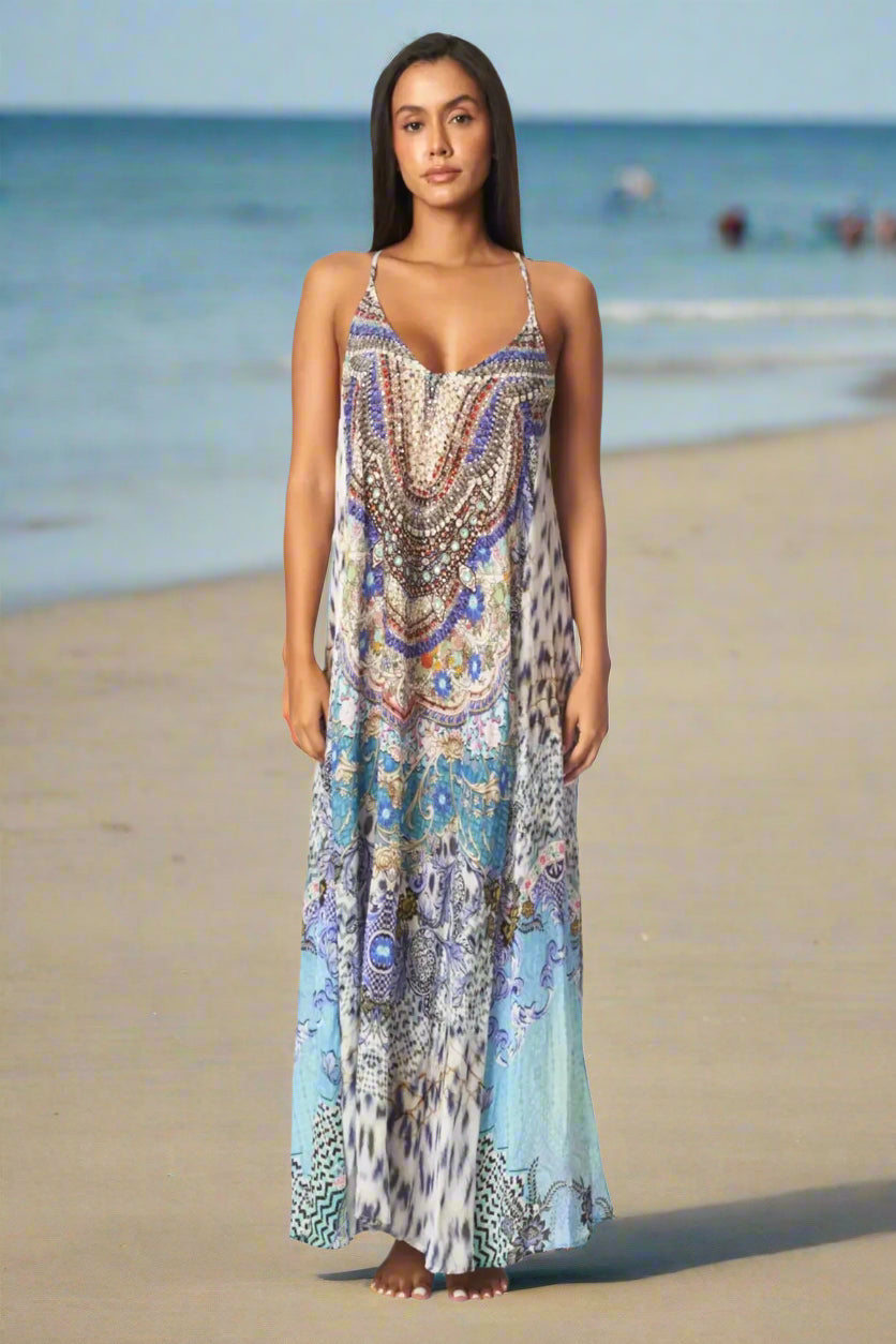Elegant Racerback Maxi Pocket Dress in Viscose Silk - La Moda Clothing