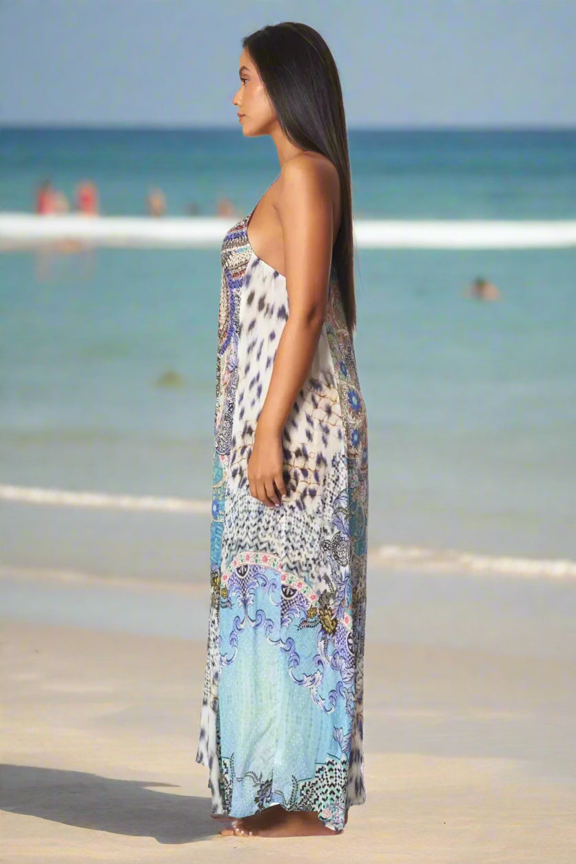 Elegant Racerback Maxi Pocket Dress in Viscose Silk - La Moda Clothing
