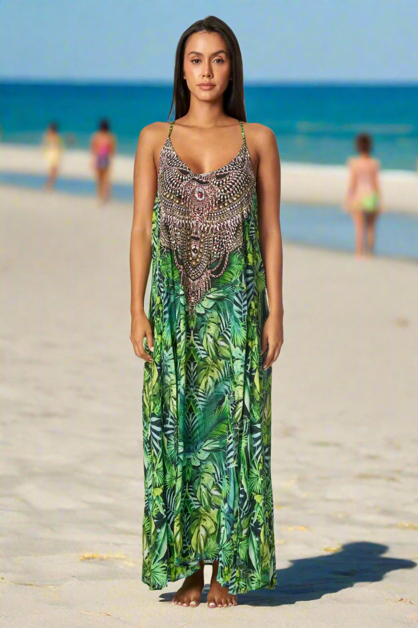 Wild Country Tropical Print Racerback Maxi dress with front pockets - La Moda Clothing
