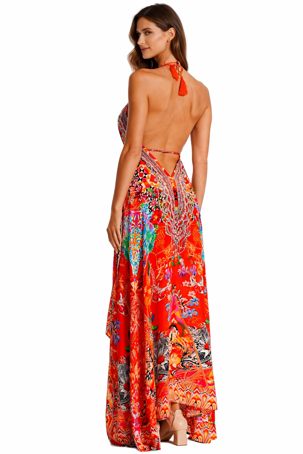 Red Coral Mixed Print Maxi Dress – Embellished Resort Wear for Women - Designer mxd | Elegant Kaftan Cover Up Dress | Club Moda USA