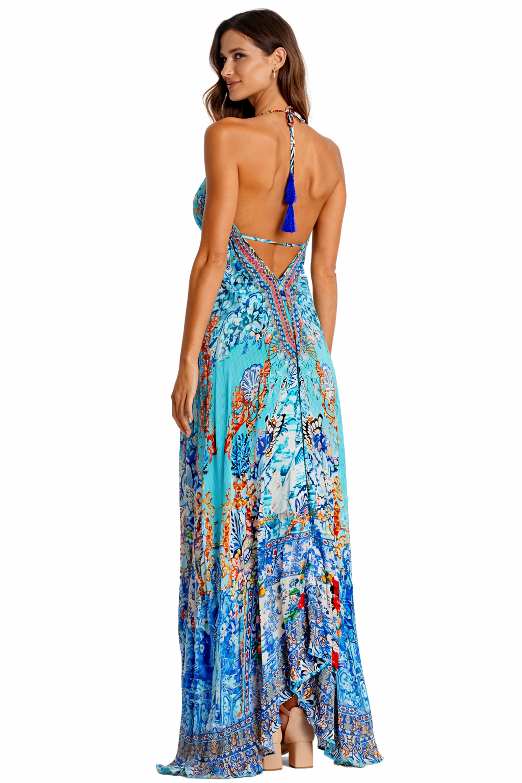 Blue Tropical Floral Print Maxi Dress – Embellished Resort Wear for Women - Designer mxd | Elegant Kaftan Cover Up Dress | Club Moda USA