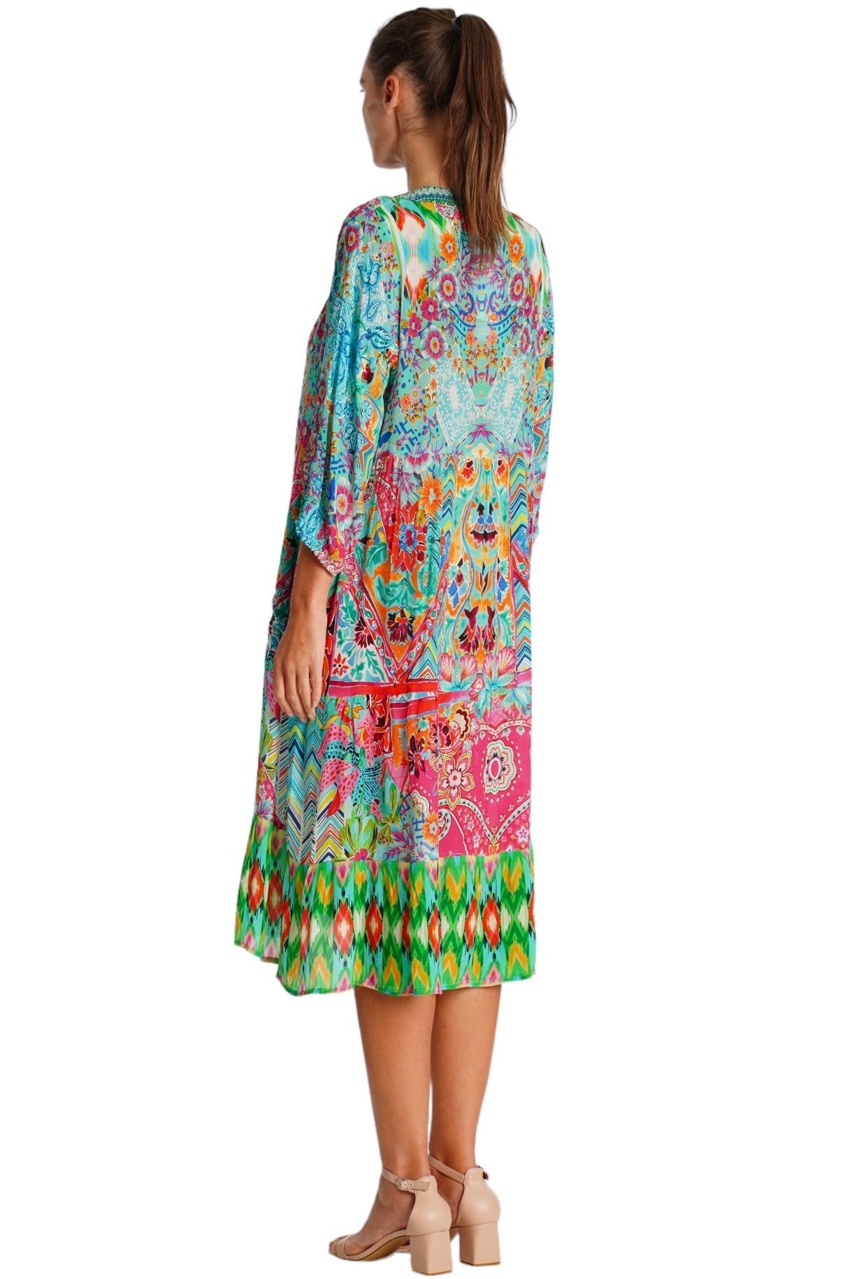 Turquoise Paisley Boho Kaftan Midi Dress - Designer Dresses | Elegant Kaftan Cover Up Dress | Club Moda USA