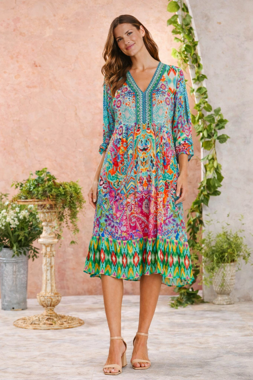 Turquoise Paisley Boho Kaftan Midi Dress - Premium Resort Wear | Luxury Dresses for Vacation & Cruise | Club Moda