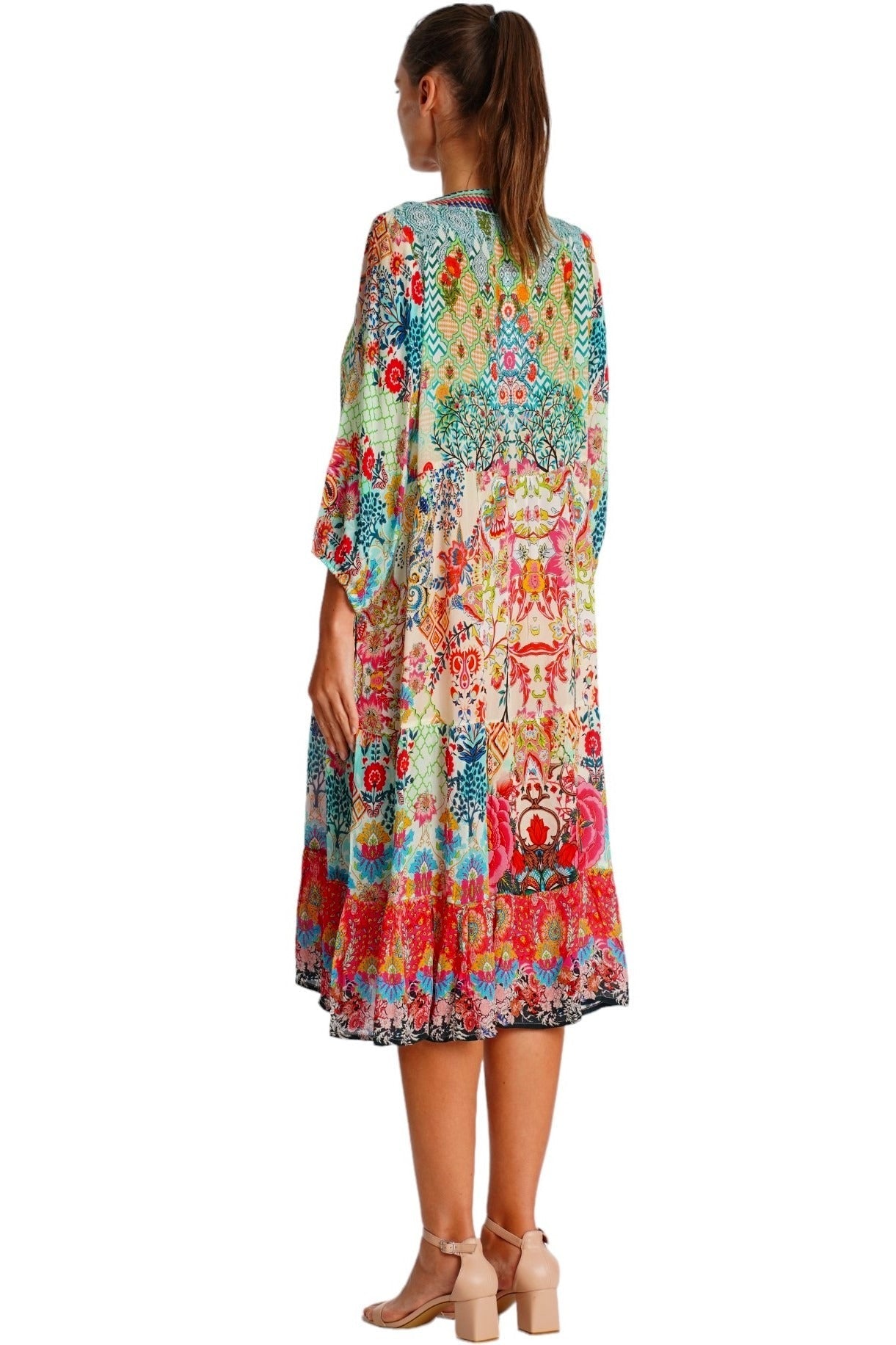 Cream Multicolor Folk-Art Boho Midi Dress - Designer Dresses | Elegant Kaftan Cover Up Dress | Club Moda USA