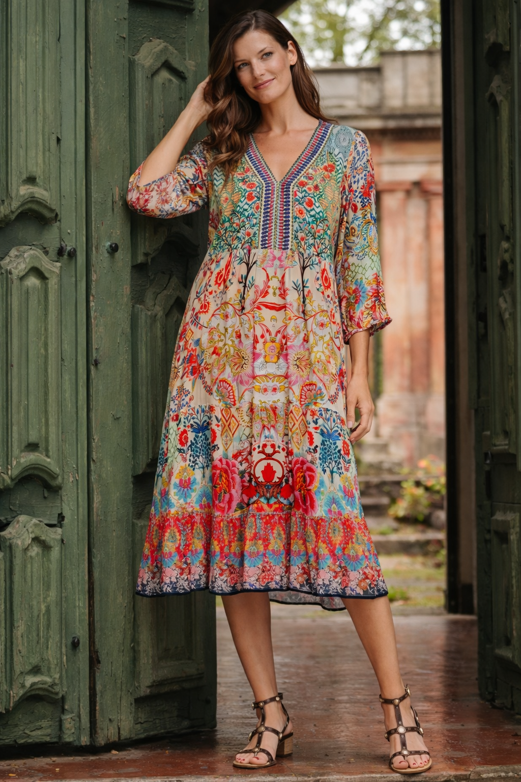 Cream Multicolor Folk-Art Boho Midi Dress - Premium Resort Wear | Luxury Dresses for Vacation & Cruise | Club Moda