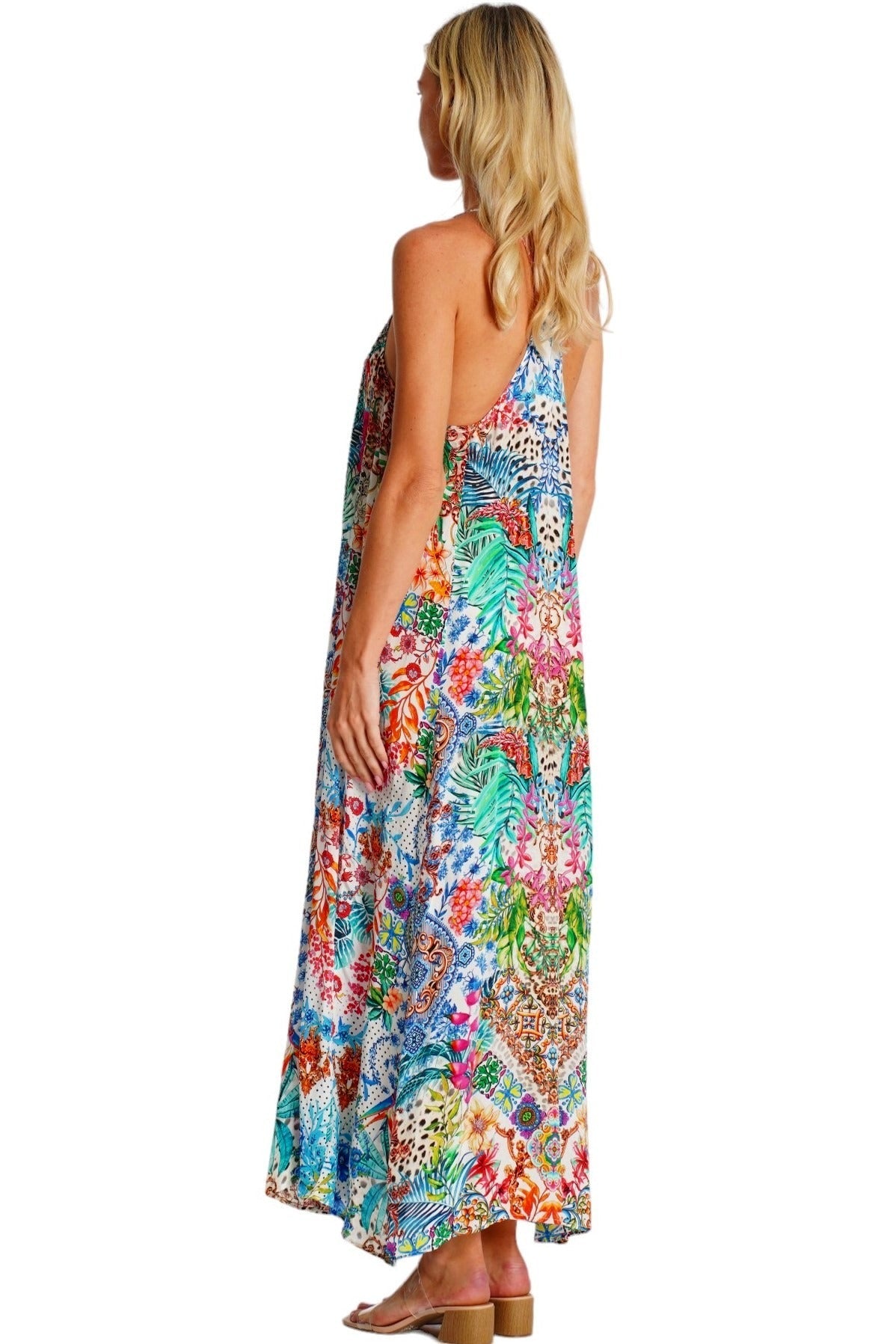 Tropical Racerback Maxi Dress – Luxury Designer Beach Resort Wear - Designer T Back Maxi | Elegant Kaftan Cover Up Dress | Club Moda USA