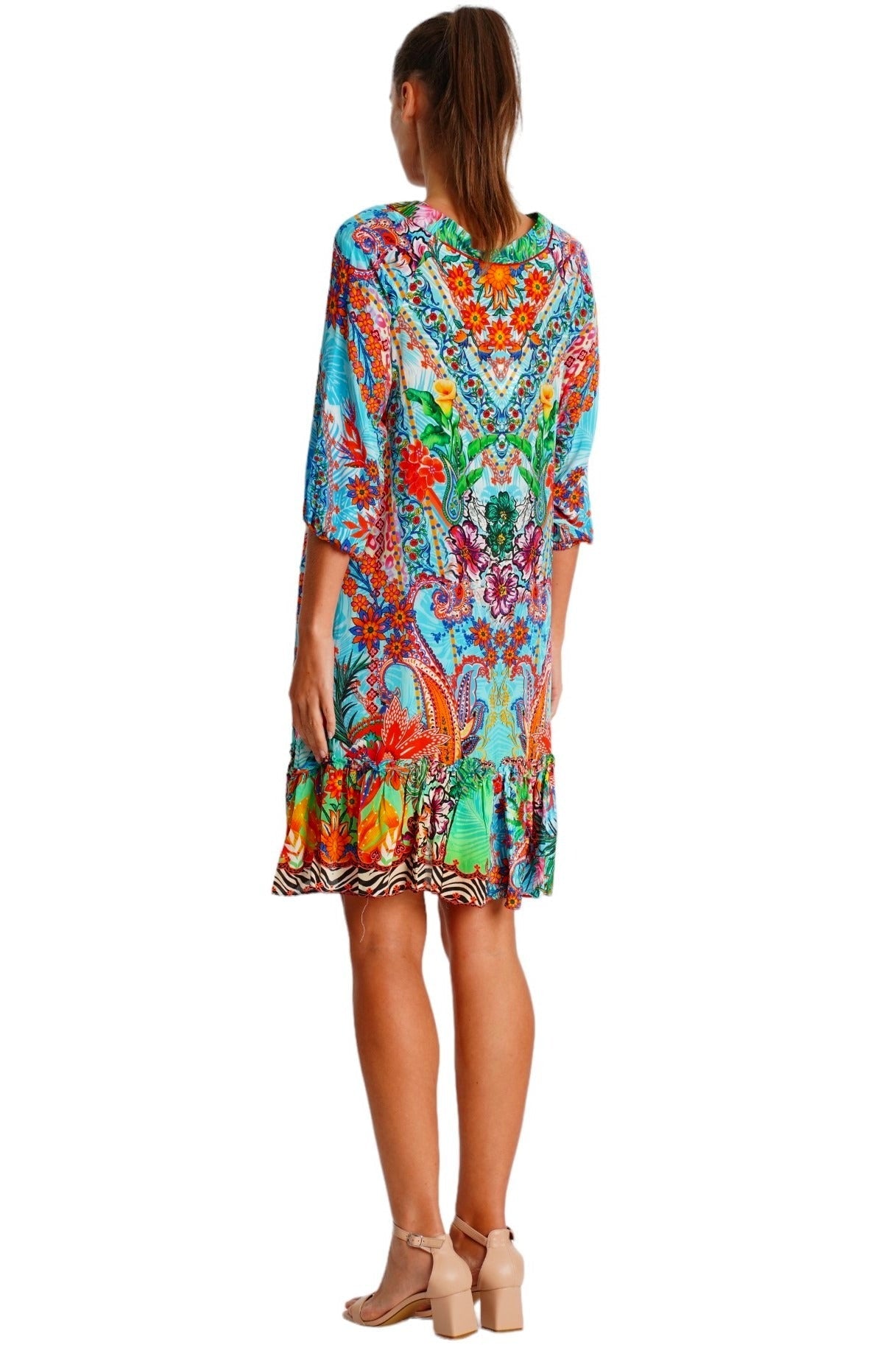 Turquoise Tropical Boho Tiered Short Dress - Designer Mini Dress | Elegant Kaftan Cover Up Dress | Club Moda USA