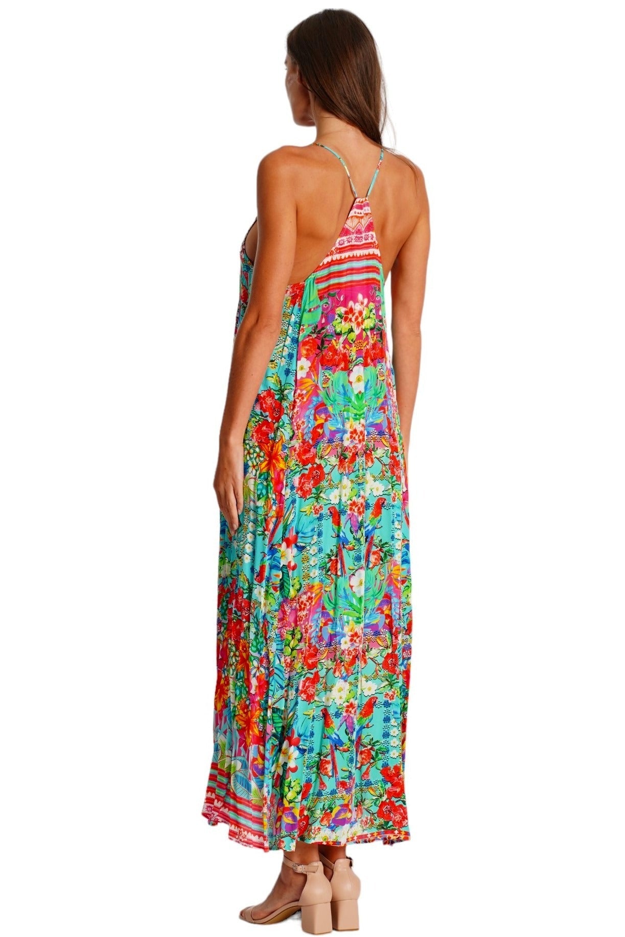 Bold Print Racerback Maxi Dress – Luxury Vacation Beach Wear - Designer T Back Maxi | Elegant Kaftan Cover Up Dress | Club Moda USA