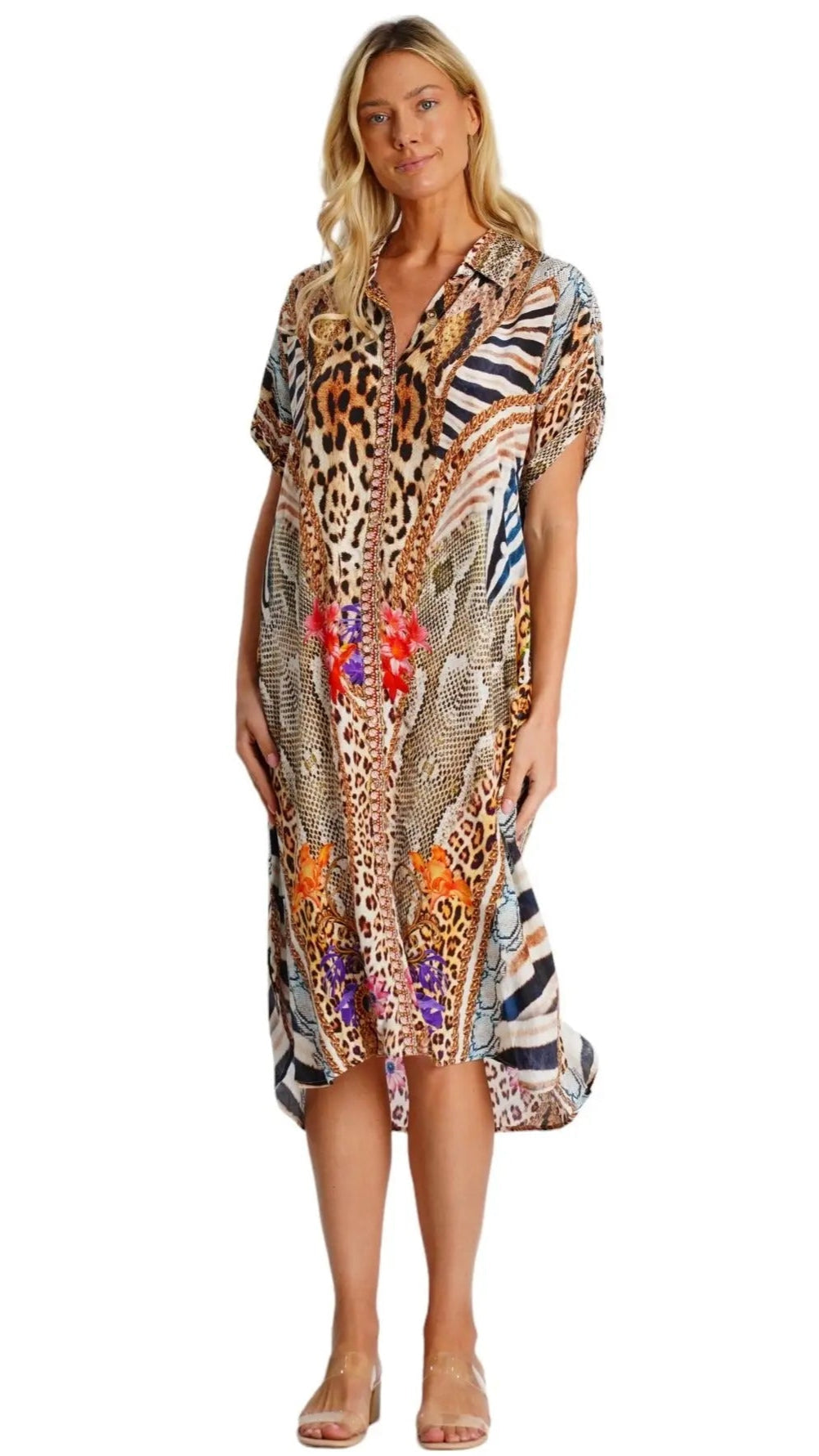 Mixed Animal Pattern Shirt Dress  La Moda Clothing