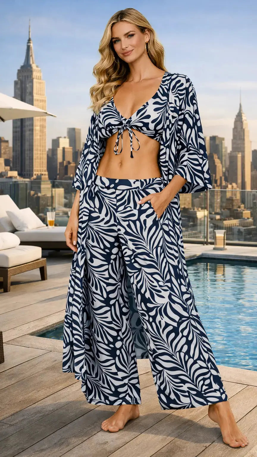 3-Piece Tropical Print Beach Set – Kimono, Top & Pants - Premium Resort Wear | Luxury Kimono for Vacation & Cruise | Club Moda