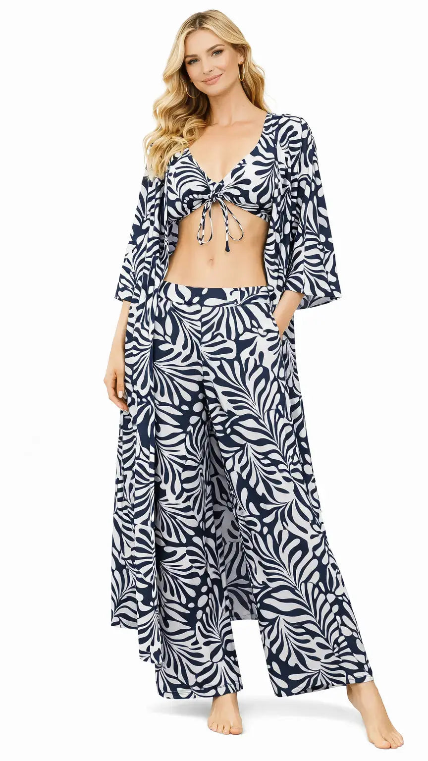 3-Piece Tropical Print Beach Set – Kimono, Top & Pants - Designer Kimono | Elegant Kaftan Cover Up Dress | Club Moda USA