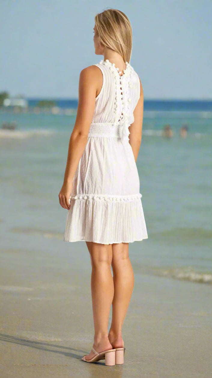 Elastic Waistband Mini Dress in White - La Moda Clothing